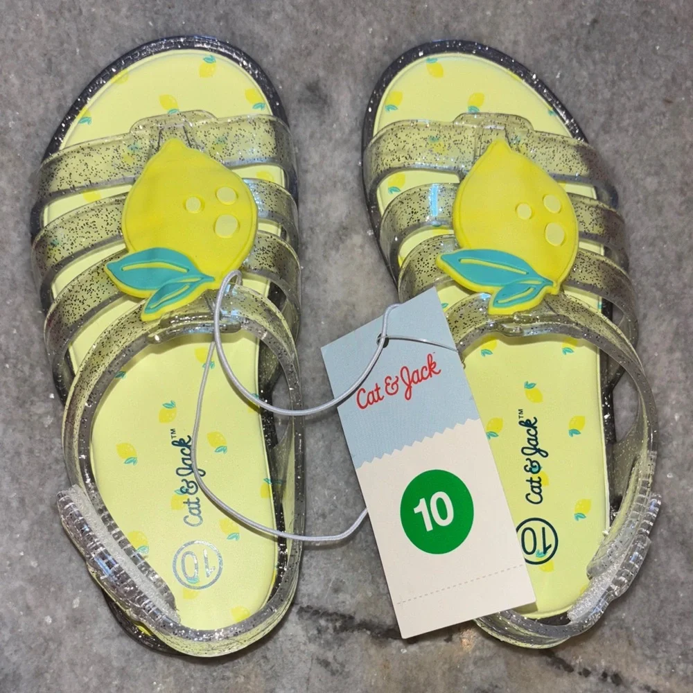 Target Lemon Jelly Sandals Yellow Silver Glitter Velcro Straps Open Toe New 10
